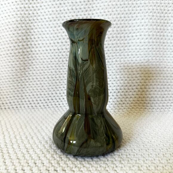 Signed David D Mauk 74 Czech Studio Green Swirl Art Glass Unique Decorative Vase - Picture 1 of 7